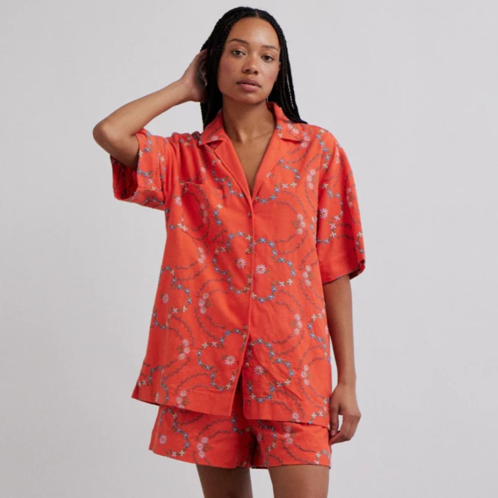 Damson Madder Tablecloth Shirt - Red Flower Embroidery, new with tags
